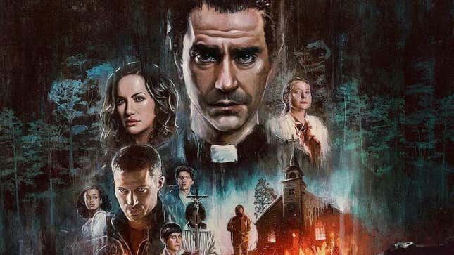 The promotional poster for Netflix's Midnight Mass is an illustration featuring the main characters, with Hamish Linklater looming above them and a church to the right. 