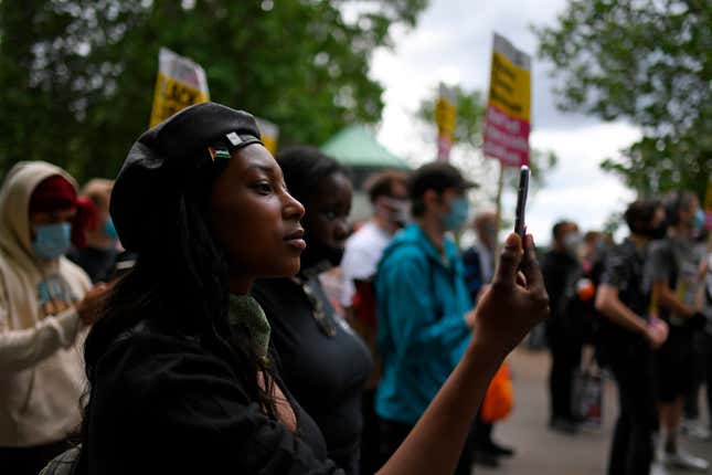 Sasha Johnson, of the Black Lives Matter movement, attends a protest at Hyde Park in London.