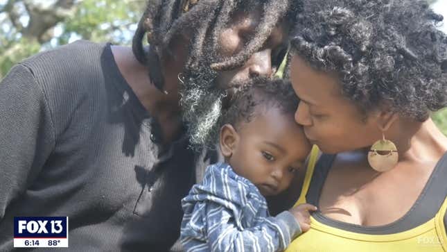 Syesha Mercado and Tyron Deener with their son, Amen’Ra. Screenshot from a FOX 13 Tampa Bay news segment aired on May 10, 2021.