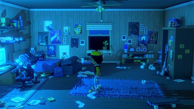 The main character hangs out alone in his room filled with a sick blue glow.