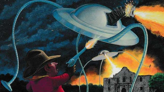 A crop of the cover for Night of the Cooters: More Neat Stories sees a cowboy shooting upwards toward a UFO in a dark sky.
