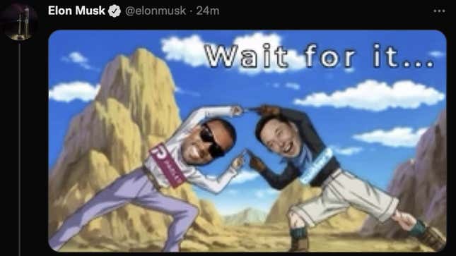 A meme of Kanye West and Elon Musk doing Dragon Ball Z's fusion dance is shown.