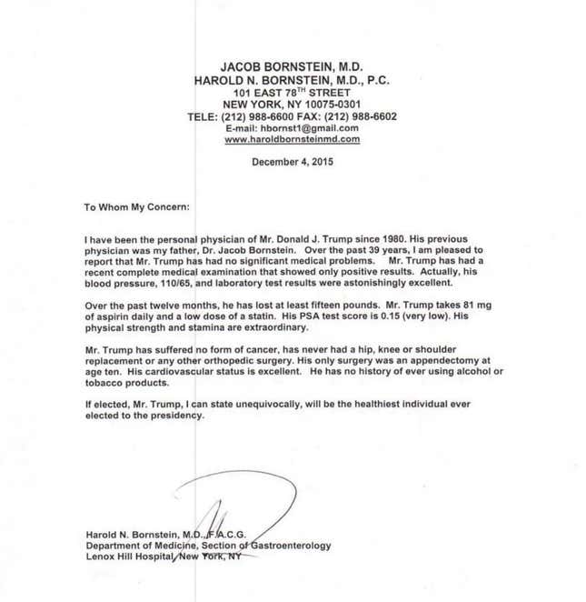 Image for article titled A letter from Trump’s doctor: If elected, Trump “will be the healthiest individual ever elected to the presidency”
