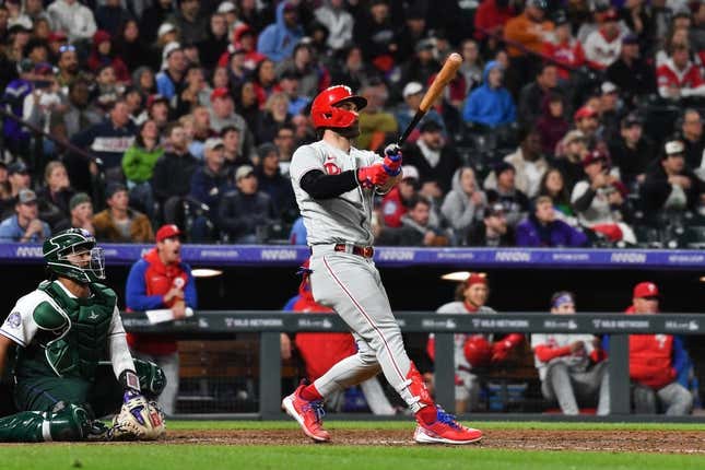 May 13, 2023; Denver, Colorado, USA; Philadelphia Phillies designated hitter Bryce Harper (3) hits a home run in the ninth inning against the Colorado Rockies at Coors Field.