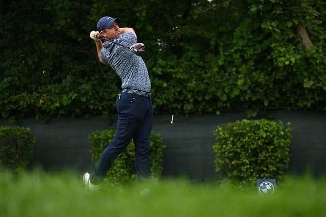 Aug 17, 2023; Olympia Fields, Illinois, USA; Rory McIlroy tees off from the second tee during the first round of the BMW Championship golf tournament.