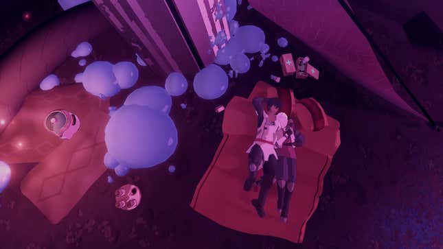 Yu and Kay are seen laying down together next to a camping ground.