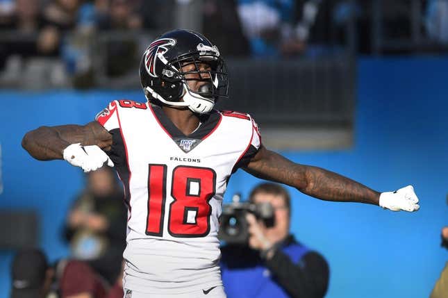 Nov 17, 2019; Charlotte, NC, USA; Atlanta Falcons wide receiver Calvin Ridley (18) reacts after scoring a touchdown in the third quarter at Bank of America Stadium.