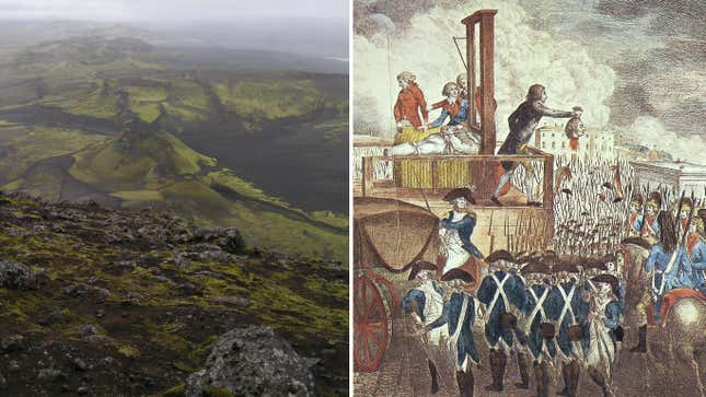 La cima del volcán islandés Laki (en realidad, una fisura volcánica) junto a la ejecución de Luis XVI en 1793