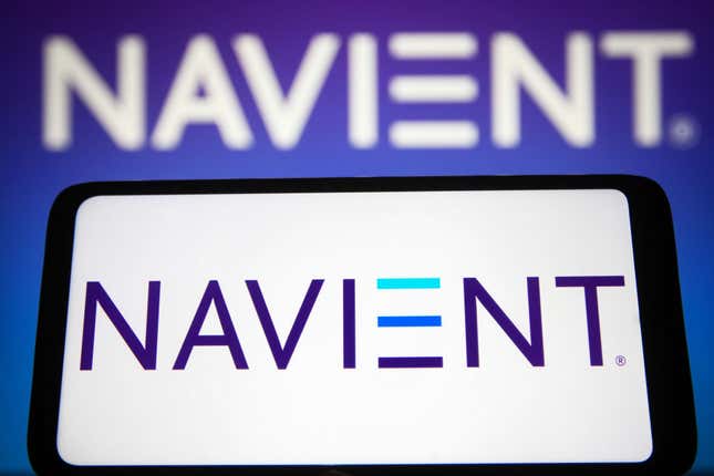 UKRAINE - 2021/12/20: In this photo illustration, the Navient Corporation logo is seen displayed on a smartphone and in the background