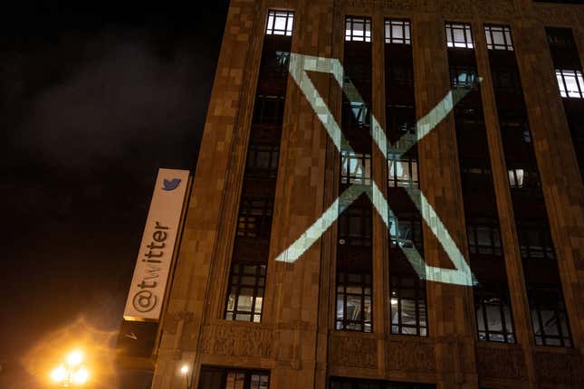Twitter's new logo is seen projected on the corporate headquarters building in downtown San Francisco, California, U.S. July 23, 2023. 