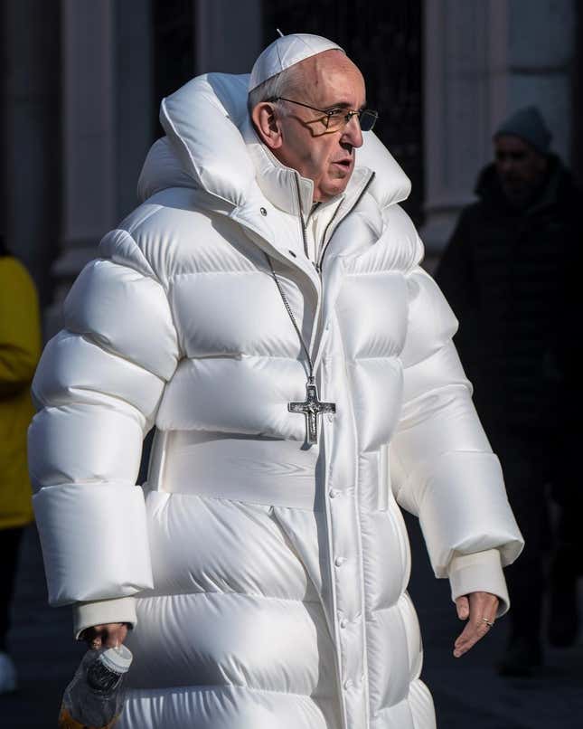 Imagen falsa del papa con un abrigo inflado de Balenciaga creada con la inteligencia artificial Midjourney 5