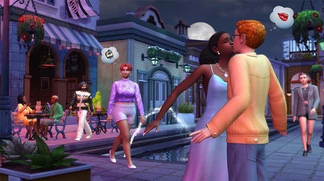 A screenshot from The Sims 4 shows two people kissing along a street with others eating and walking in a background, all wearing outfits from the Moonlight Chic Kit