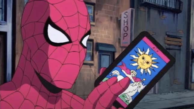 The '90s animated Spider-Man in costume holding a tarot card with a sun on it.