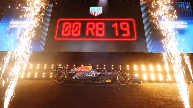 A photo of the 2023 Red Bull F1 car on stage in New York. 