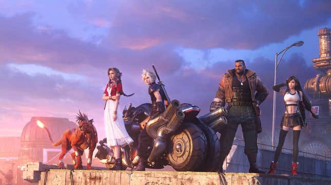 Final Fantasy VII Remake's heroes stand at the edge of a highway looking out at a sunset. 