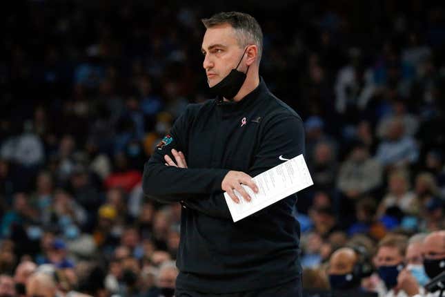 Jan 14, 2022; Memphis, Tennessee, USA; Memphis Grizzles acting head coach Darko Rajakovic watches during the first half against the Dallas Mavericks at FedExForum.