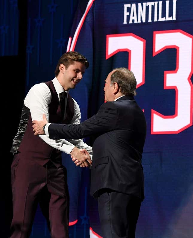 Jun 28, 2023; Nashville, Tennessee, USA; NHL commissioner Gary Bettman congratulates Columbus Blue jackets third overall pick Adam Fantilli during round one of the 2023 NHL Draft at Bridgestone Arena.