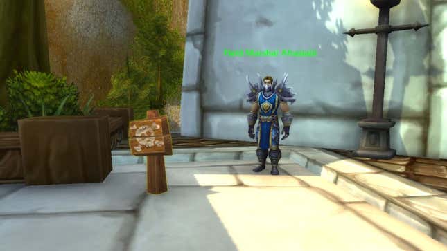 Image of wooden sign featuring a skull and crossbones with a tooltip that reads "Go Away" placed in front of Field Marshal Afrasiabi NPC in World of Warcraft.