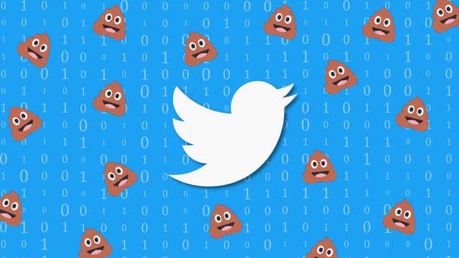 The Twitter logo surrounded by poop emojis. Twitter CEO Elon Musk announced that messages to Twitter's press email account would receive a poop emoji in response.