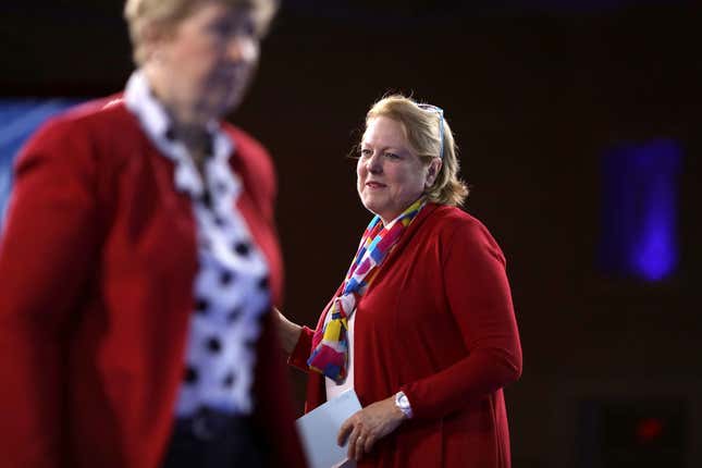 Virginia Thomas, wife of Supreme Court Associate Justice Clarence Thomas, moderates a panel discussion titled “When did World War III Begin? Part A: Threats at Home” during the Conservative Political Action Conference at the Gaylord National Resort and Convention Center on February 23, 2017, in National Harbor, Maryland.