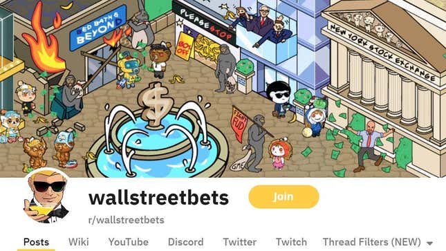 A screenshot shows the frontpage Reddit art for WallStreetBets.