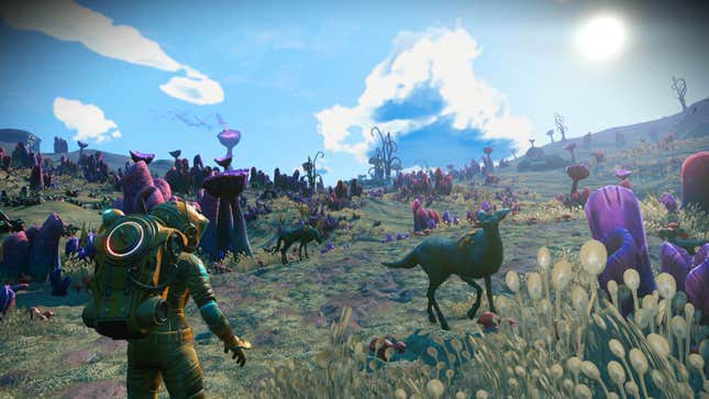 A No Man's Sky player is shown walking through a grassy area with alien wildlife scattered throughout.
