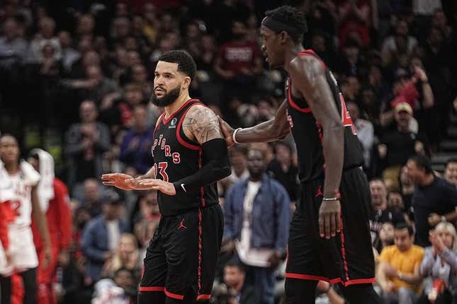 Apr 12, 2023; Toronto, Ontario, CAN; Toronto Raptors guard Fred VanVleet (23) and forward Pascal Siakam (43) come off the court durin a time out against the Chicago Bulls during the second half of a NBA Play-In game at Scotiabank Arena.
