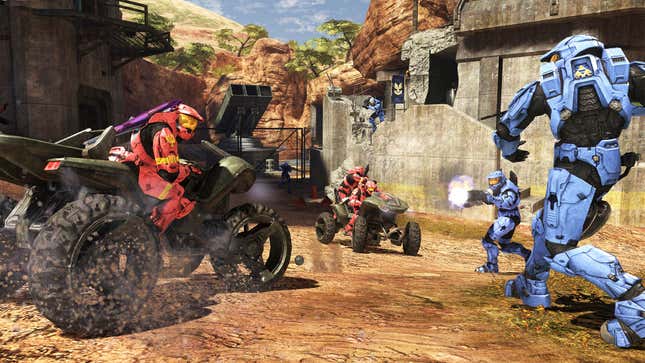 Red and blue teams of Spartans clash in Halo multiplayer.