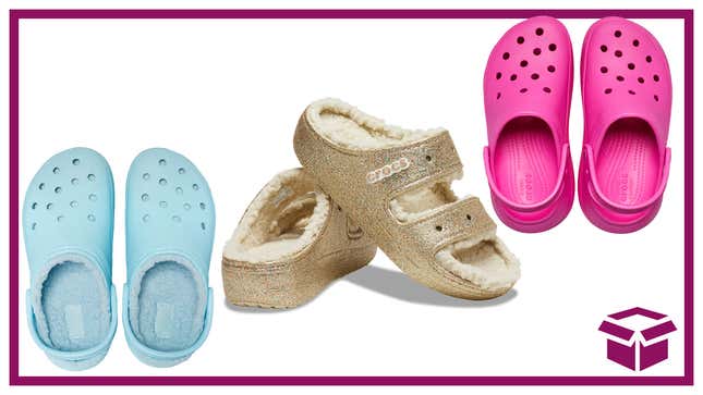 Funky gold sandals, fleecy shoes, or classic clogs are just three of the Mother’s Day 25% off sale items available now from Crocs. 
