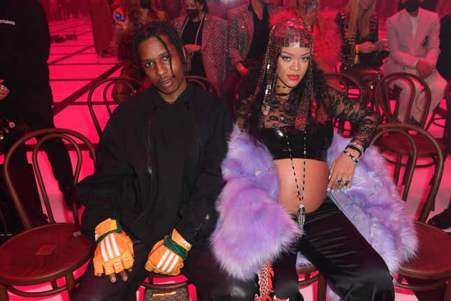 Asap Rocky and Rihanna are seen at the Gucci show during Milan Fashion Week Fall/Winter 2022/23 on February 25, 2022 in Milan, Italy. (Photo by Jacopo M. Raule/Getty Images for Gucci)