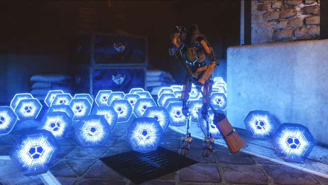 A robot sweeps up dozens of glowing blue engrams in Destiny 2. 