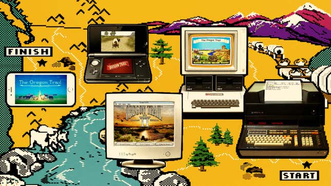 A map from The Oregon Trail shows different iterations of the game from print outs, the Nintendo DS, and an iPhone.