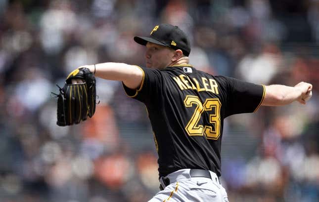 May 31, 2023; San Francisco, California, USA; Pittsburgh Pirates starting pitcher Mitch Keller (23) delivers a pitch against the San Francisco Giants during the first inning at Oracle Park.