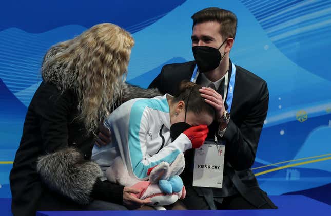 Kamila Valieva cries after finishing fourth in the women’s free skate.