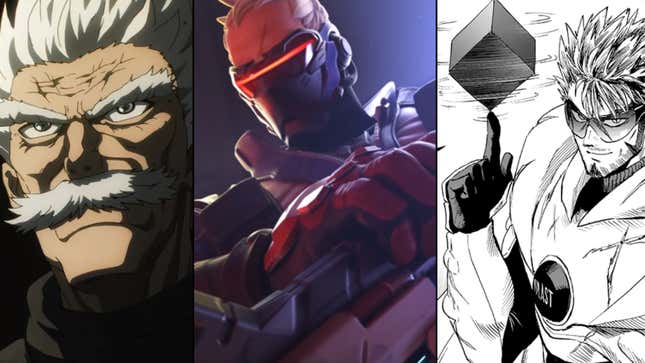 A side-by-side comparison of One Punch Man's Bang and Blast and Overwatch's Soldier 76.