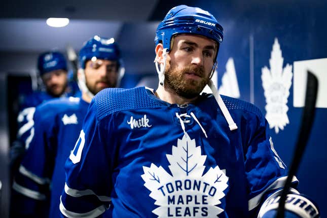 Ryan O’Reilly of the Toronto Maple Leafs returns to the ice before the second period against the Montreal Canadiens at the Scotiabank Arena on Feb. 18, 2023.