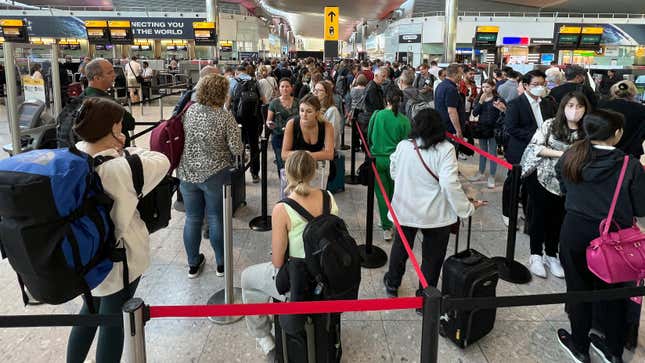 Travelers waited in long security lines at Heathrow Airport in London in June. Voluntary measures didn’t improve things, so the airport has instituted new mandatory demands.