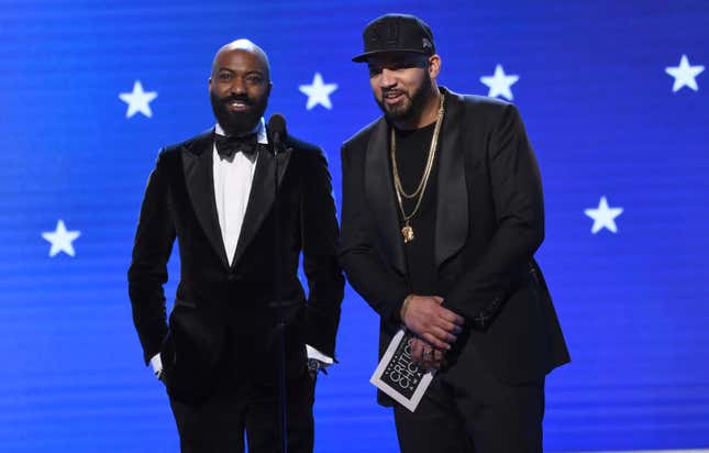 Desus Nice, left, and The Kid Mero present the award for best animated feature at the 25th annual Critics’ Choice Awards on Sunday, Jan. 12, 2020, at the Barker Hangar in Santa Monica, Calif.