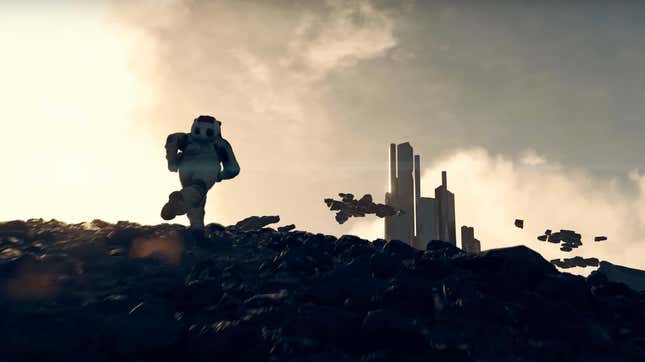 The Starfield player runs across rocky terrain.