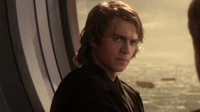 Anakin Skywalker stands in front of a window in Revenge of the Sith. 