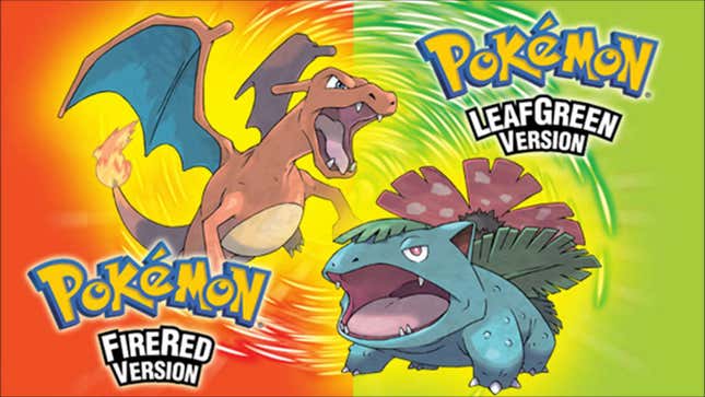 Charizard and Venusaur are seen posed in front of a red and green background alongside the Pokémon FireRed and LeafGreen logos.