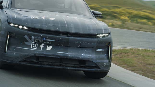 The camouflaged front end of the Lucid Gravity SUV