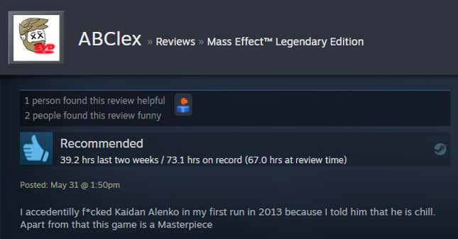 Image for article titled Mass Effect: Legendary Edition, As Told By Steam Reviews