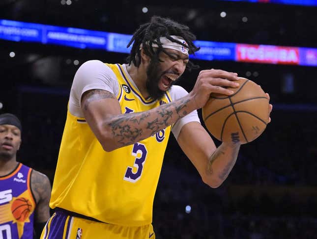 Mar 22, 2023; Los Angeles, California, USA;   Los Angeles Lakers forward Anthony Davis (3) reacts after he was called for a foul in the second half against the Phoenix Suns at Crypto.com Arena.