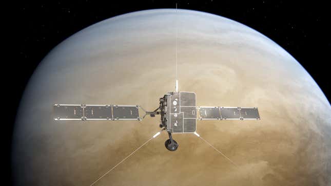 Artist's impression of Solar Orbiter making a flyby at Venus.