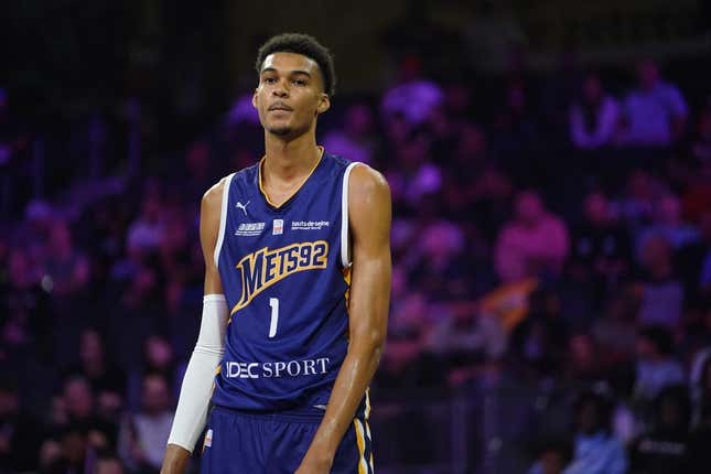 Oct 4, 2022; Henderson, NV, USA; Boulogne-Levallois Metropolitans 92 forward Victor Wembanyama (1) looks on during the game against the NBA G League Ignite at The Dollar Loan Center.