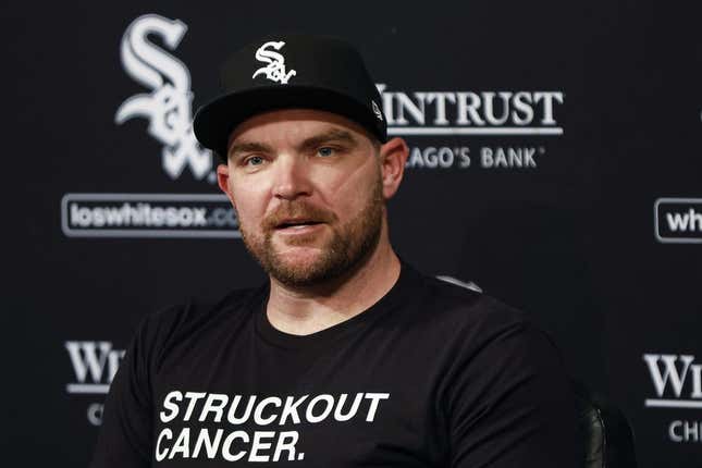May 3, 2023;  Chicago, Illinois, USA;  Chicago White Sox pitcher Liam Hendricks talks about his recovery process from stage 4 non-Hodgkin lymphoma before a baseball game between the White Sox and Minnesota Twins at Guaranteed Rate Field.