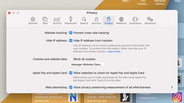 A screenshot of Apple Safari's security page