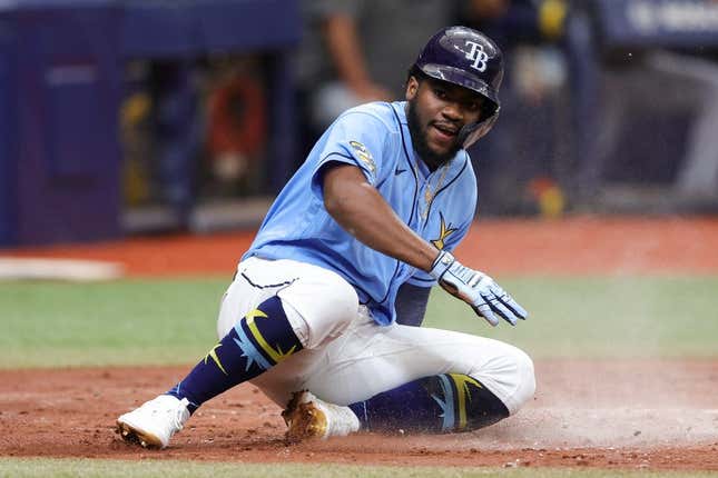 Aug 13, 2023; St. Petersburg, Florida, USA;  Tampa Bay Rays shortstop Oslevivis Basabe (37) scores a run against the Cleveland Guardians in the third inning at Tropicana Field.