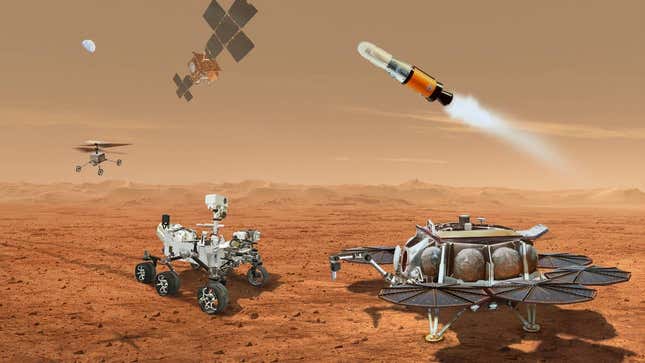 Imagen conceptual del equipo que se utilizará para la Mars Sample Return Mission (misión de regreso de muestras de Marte): un helicóptero de clase Ingenuity (mira sus adorables ruedas), el rover Perseverance, el Earth Return Orbiter, el Sample Retrieval Lander y el vehículo de ascenso.